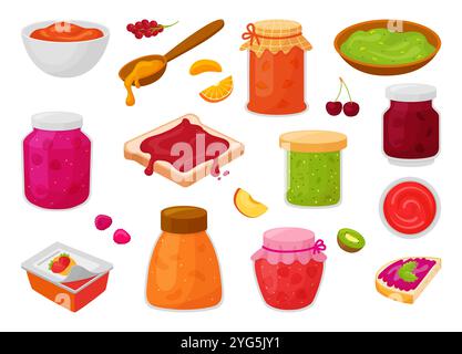 Petit déjeuner avec marmelade. Pots en verre de confiture de fruits, sandwich avec marmelades. Dessert sucré de dessin animé dans un bol et sur du pain, ensemble vecteur de nourriture néotérique Illustration de Vecteur