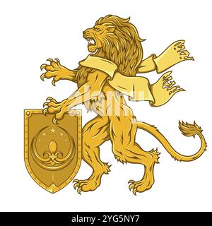 Lion rampant avec ruban et bouclier de l'âge médiéval, félin héraldique de la royauté européenne Illustration de Vecteur