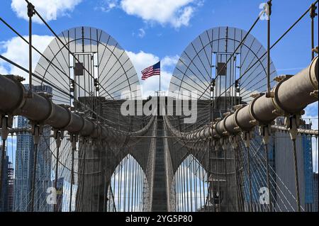 Une perspective de l’emblématique pont de Brooklyn à New York, capturée en parfaite symétrie avec le drapeau américain agitant fièrement sur un ciel bleu Banque D'Images