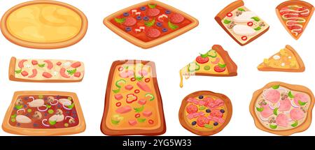 Pizza. Tranches de pizza italienne traditionnelle avec fromages et légumes exact vector collection vue de dessus Illustration de Vecteur