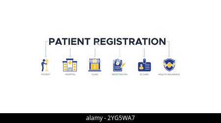 Concept d'illustration vectorielle d'icône Web de bannière d'enregistrement de patient avec une icône de patient, hôpital, clinique, enregistrement, carte d'identité, et la santé Illustration de Vecteur