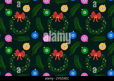 Motif festif sans couture avec couronnes de Noël, ornements et branches de pin. Parfait pour les créations de vacances, les emballages cadeaux, et plus encore. Illustration de Vecteur