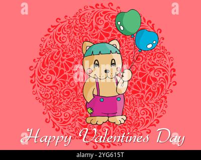 Ours de dessin animé tenant deux ballons et les mots bonne Saint Valentin. L'ours porte une chemise rose et un pantalon bleu Illustration de Vecteur