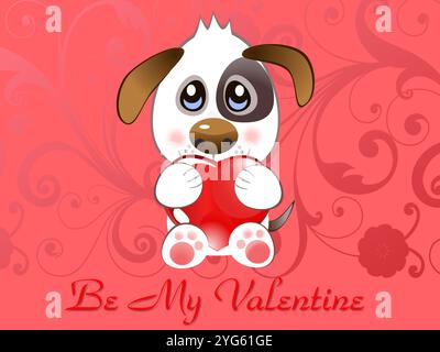 Chien tenant un cœur dans sa bouche. Le chien est sur un fond rouge avec les mots « Be My Valentine » écrits en dessous Illustration de Vecteur