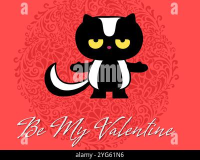 Chat de dessin animé avec une queue rayée noire et blanche et un visage noir. Le chat est debout sur un fond rouge avec les mots « Be My Valentine » écrits bel Illustration de Vecteur