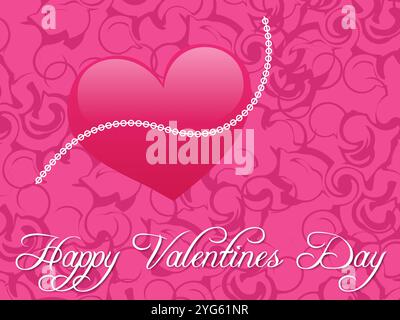 Fond rose avec un coeur dessus. Le cœur est entouré d'une chaîne de perles. Le texte dit bonne Saint Valentin Illustration de Vecteur