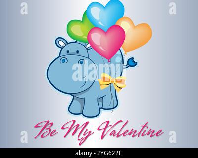 Éléphant bleu avec des ballons sur son dos. Les ballons sont de différentes couleurs et sont attachés à la queue de l'éléphant. L'image dit 'sois ma Valentine Illustration de Vecteur