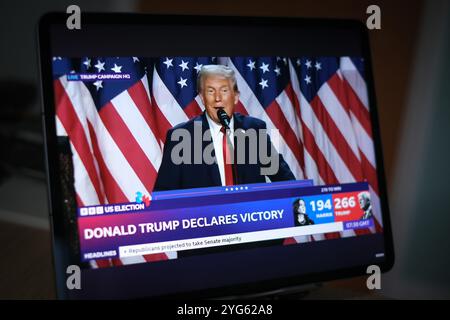 Donald Trump déclare victoire à l'élection présidentielle américaine de 2024 le 5 novembre 2024 Banque D'Images