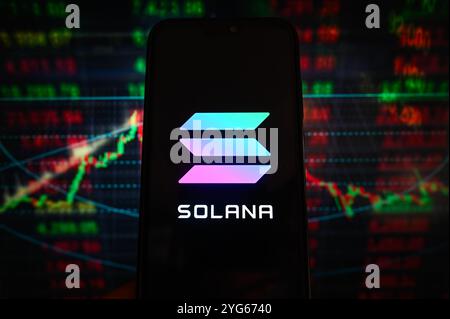 Pologne. 06 novembre 2024. Dans cette illustration photo, un logo Solana est affiché sur un smartphone avec des pourcentages boursiers en arrière-plan. (Photo de Omar marques/SOPA images/SIPA USA) *** strictement à des fins éditoriales *** crédit : SIPA USA/Alamy Live News Banque D'Images