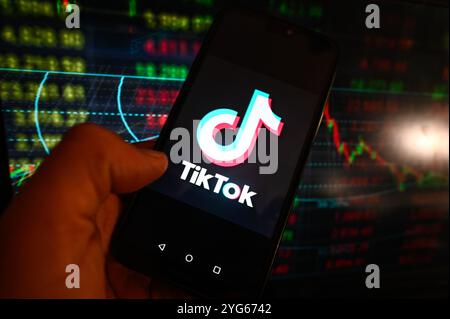 Pologne. 06 novembre 2024. Dans cette illustration photo, un logo TikTok est affiché sur un smartphone avec des pourcentages boursiers en arrière-plan. (Photo de Omar marques/SOPA images/SIPA USA) *** strictement à des fins éditoriales *** crédit : SIPA USA/Alamy Live News Banque D'Images