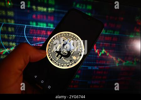 Pologne. 06 novembre 2024. Dans cette illustration photo, un logo Bitcoin est affiché sur un smartphone avec des pourcentages boursiers en arrière-plan. (Photo de Omar marques/SOPA images/SIPA USA) *** strictement à des fins éditoriales *** crédit : SIPA USA/Alamy Live News Banque D'Images