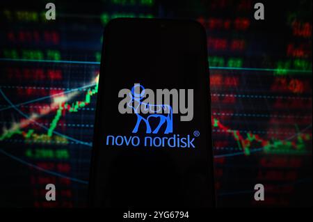 Pologne. 06 novembre 2024. Dans cette illustration photo, un logo Novo Nordisk est affiché sur un smartphone avec des pourcentages boursiers en arrière-plan. (Photo de Omar marques/SOPA images/SIPA USA) *** strictement à des fins éditoriales *** crédit : SIPA USA/Alamy Live News Banque D'Images