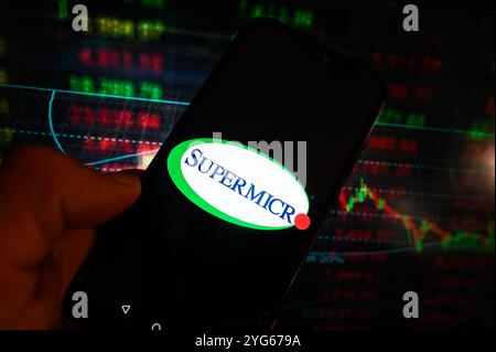 Pologne. 06 novembre 2024. Dans cette illustration photo, un logo Supermicro est affiché sur un smartphone avec des pourcentages boursiers en arrière-plan. (Photo de Omar marques/SOPA images/SIPA USA) *** strictement à des fins éditoriales *** crédit : SIPA USA/Alamy Live News Banque D'Images