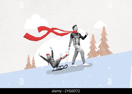 Affiche de collage d'image de gens joyeux funky ayant du plaisir à monter en traîneau neigeux colline forêt persistante isolé sur fond de dessin Banque D'Images