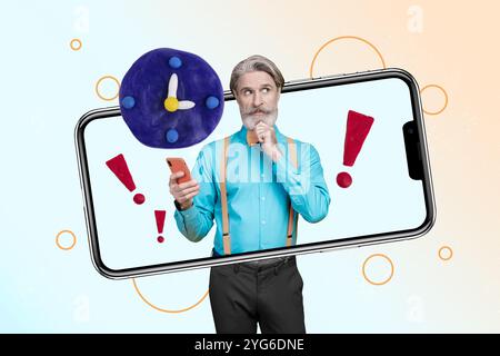 Composite tendance illustration collage d'esquisse de smartphone affichage homme vieilli apparaissent écran cyberspace penser geste horloge temps échéance attention Banque D'Images