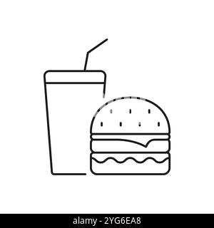 Icône Burger and Drink Line, repas de restauration rapide avec soda et Cheeseburger pour emporter ou Restaurant à service rapide. Icône contour de la malbouffe. Isolé Illustration de Vecteur