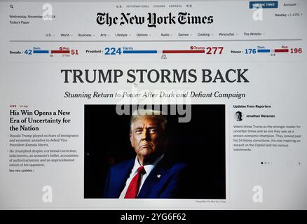 Capture d'écran de la page d'accueil en ligne du New York Times du 6 novembre 2024 faisant état de l'élection de Donald Trump à la présidence des États-Unis Banque D'Images
