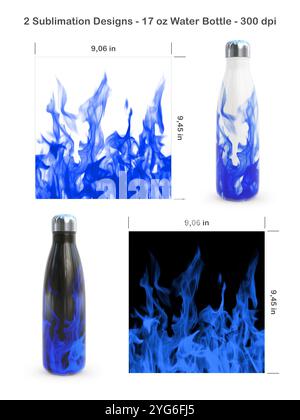 Ensemble de 2 motifs de feu sur fond blanc et noir. Modèles de sublimation sans couture pour bouteille d'eau de 17 oz. Illustration de sublimation. Banque D'Images