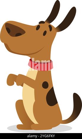 Chien de dessin animé ludique avec fourrure brune et taches sombres portant un collier rouge se trouve sur les pattes arrière et soulève la patte avant, transmettant le bonheur et l'obéissance Illustration de Vecteur