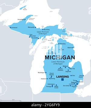 Michigan, état américain, carte politique. État dans la région des grands Lacs du Midwest des États-Unis, avec la capitale Lansing et la région métropolitaine de Detroit. Banque D'Images