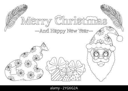 Page de coloriage festive de Noël mettant en vedette le Père Noël, des cadeaux et des vœux de vacances. Idéal pour les activités de coloriage sur le thème des vacances. Illustration de Vecteur