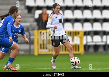 Tubize, Belgique. 06 novembre 2024. Kassandra Potsi (10 ans), d'Allemagne, photographiée lors d'un match de football opposant les équipes nationales féminines de moins de 17 ans de Bosnie-Herzégovine et d'Allemagne lors de la compétition féminine des moins de 17 ans de l'UEFA ronde 1 jour 2 dans le groupe A2, mercredi 6 novembre 2024 à Tubize, Belgique . Crédit : Sportpix/Alamy Live News Banque D'Images