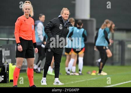 Tubize, Belgique. 06 novembre 2024. L'entraîneure-chef allemande Melanie Behringer photographiée lors d'un match de football entre les équipes nationales féminines de moins de 17 ans de Bosnie-Herzégovine et d'Allemagne lors de la manche 1 de la compétition féminine des moins de 17 ans de l'UEFA, journée 2 dans le groupe A2, le mercredi 6 novembre 2024 à Tubize, Belgique . Crédit : Sportpix/Alamy Live News Banque D'Images