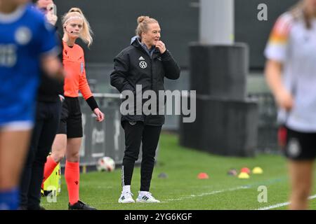 Tubize, Belgique. 06 novembre 2024. L'entraîneure-chef allemande Melanie Behringer photographiée lors d'un match de football entre les équipes nationales féminines de moins de 17 ans de Bosnie-Herzégovine et d'Allemagne lors de la manche 1 de la compétition féminine des moins de 17 ans de l'UEFA, journée 2 dans le groupe A2, le mercredi 6 novembre 2024 à Tubize, Belgique . Crédit : Sportpix/Alamy Live News Banque D'Images