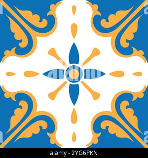 Tuile décorative portugaise azulejo avec fleur stylisée et feuilles en bleu, jaune et blanc, idéal pour les arrière-plans, les motifs, et culturel Illustration de Vecteur