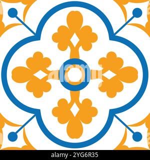 Design ornemental traditionnel élégant avec motif quatrefoil sans couture et motifs orange et bleu, parfait pour une variété d'utilisations décoratives Illustration de Vecteur
