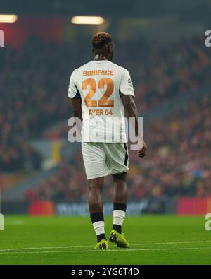 Victor Boniface de Bayer Leverkusen lors du match MD4 de l'UEFA Champions League 2024/25 entre Liverpool et Bayer Leverkusen à Anfield, Liverpool, mardi 5 novembre 2024. (Photo : Steven Halliwell | mi News) crédit : MI News & Sport /Alamy Live News Banque D'Images