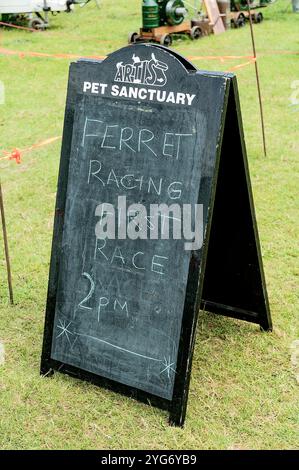 Un tableau noir annonce une course de furet à une foire country à Wakefield Yorkshire UK Banque D'Images