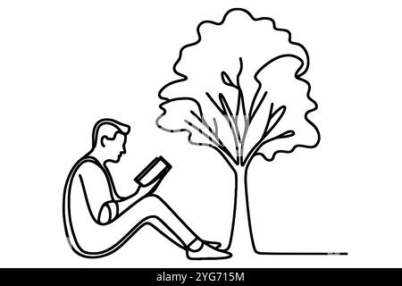 Dessin continu d'une ligne de l'homme assis et lisant livre sous l'arbre Illustration de Vecteur
