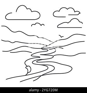 Paysage. Lac de montagne. Hautes montagnes. Lac forestier dans les rochers. Paysage. Une ligne continue. Linéaire. Dessiné une ligne continue, fond blanc Illustration de Vecteur