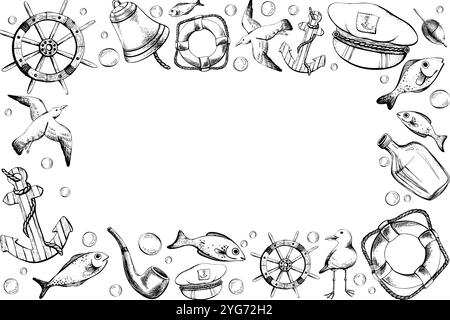 Volant, bouée de sauvetage, mouettes, casquette de capitaine, poisson, bulles d'eau, ancre, bouteille, pipe à tabac, cloche de navire. Dessin linéaire graphique, dessiné à la main Illustration de Vecteur
