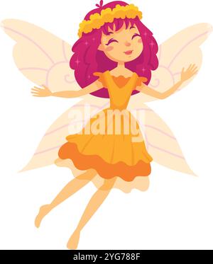 Féerie enchanteresse aux cheveux roses glisse élégamment dans une robe mandarine et un casque floral doré, capturant l'essence de l'enchantement de l'enfance dans un Illustration de Vecteur