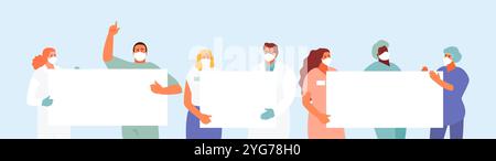 Groupe de médecins avec des affiches d'avertissement avec espace pour le texte. Arrêtez le coronavirus. Illustration de modèle vectoriel Illustration de Vecteur