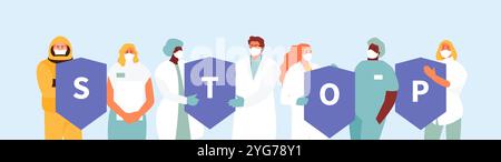 Groupe d'équipe de scientifiques, de médecins et de virologues du panneau stop. Arrêtez la pandémie de coronavirus. Illustration vectorielle Illustration de Vecteur