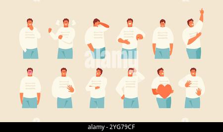 Définir personnage masculin avec différentes émotions et gestes. Illustration vectorielle Illustration de Vecteur