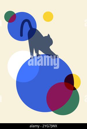 Silhouette de chat mignon esthétique style boho. Kitty sur blobs colorés 2d illustration. Cat Life concept, vecteur compris Décoration murale bohémienne. Mi-siècle moderne m Illustration de Vecteur