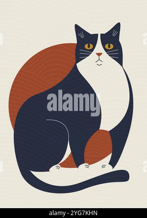 Chat noir et soleil esthétique style boho optimisé Illustration 2d de Kitty domestique. Cat Life concept, vecteur compris Décoration murale bohémienne. Minimali moderne du milieu du siècle Illustration de Vecteur