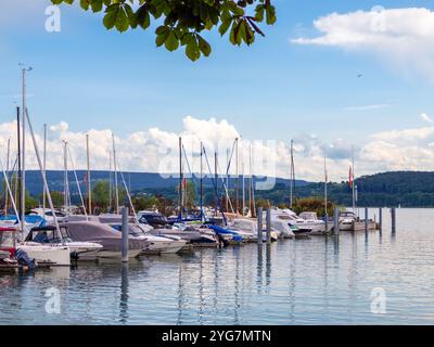 Radolfzell, Allemagne - 2 août 2024 : un port de plaisance serein à Radolfzell au bord du lac de Constance avec divers bateaux amarrés dans des eaux calmes. Banque D'Images