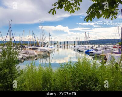 Radolfzell, Allemagne - 2 août 2024 : un port de plaisance serein à Radolfzell au bord du lac de Constance avec divers bateaux amarrés dans des eaux calmes. Banque D'Images