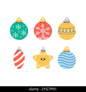 Illustration vectorielle d'ornements de Noël mignons. Des boules colorées et des éléments isolés d'étoile souriante pour les décorations de vacances de Noël, des motifs festifs, et Illustration de Vecteur