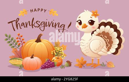 Charmante carte de voeux de Thanksgiving avec une dinde mignonne avec des citrouilles, des feuilles d'automne, des fruits et légumes d'automne Illustration de Vecteur