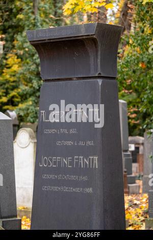 Pierres tombales d'avant-guerre dans le Nouveau cimetière juif dans la banlieue de Zizkov à Prague, République tchèque. Photographié en autum avec des feuilles tombées au sol. Banque D'Images