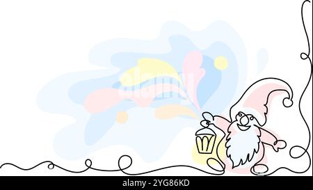 Décoration de Noël. Mignon dessin animé nain nain avec lanterne. Une ligne continue Illustration de Vecteur