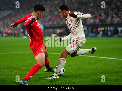 Allianz Areana, Munich, Allemagne. 06 novembre 2024. Jamal Musiala du Bayern Munich contrôle le ballon lors d'un match de la quatrième ronde de la Ligue des Champions, Bayern Munich contre Benfica, à Allianz Areana, Munich, Allemagne. Ulrik Pedersen/CSM/Alamy Live News Banque D'Images