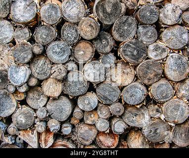 Pile de bois de chauffage empilé préparé pour chauffer une maison. Chauffage en hiver. Concept d'isolation Banque D'Images