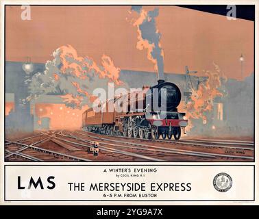 Le Merseyside Express , œuvre d'art intitulée 'A Winter's Evening' Vintage British Travel Poster, par Cecil King, vers les années 1930 Banque D'Images